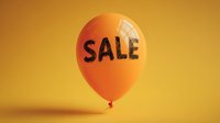 Orange balloon with SALE text against yellow background, minimalist retail promotion concept for seasonal discounts and special offers.