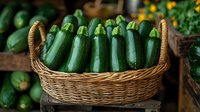 Fresh green zucchini squash arranged in woven wicker basket at farmers market. Natural organic vegetables with glossy skin displayed for sale.