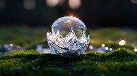 Frozen water droplet sphere resting on vibrant green moss with bokeh background, suitable for nature, science, and environmental design projects.