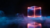 Glowing neon cube floating in misty dark space with blue smoke and reflection, pink and blue gradient light effect creates futuristic atmosphere.