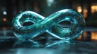 Glowing turquoise infinity symbol on reflective dark surface with bokeh lights in background creates mystical atmosphere for spiritual and conceptual designs.