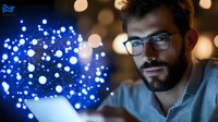 Young bearded professional in glasses working on laptop at night with glowing blue Christmas lights and bokeh background creating cozy atmosphere.