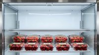Fresh red strawberries in plastic containers displayed on refrigerated shelves in commercial cooler for grocery store produce section retail sales.