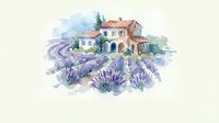 Watercolor painting of rustic farmhouse with lavender fields in countryside landscape on white background isolated for design projects.