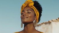 Young African American woman with natural hair and yellow headwrap poses confidently in warm sunlight, wearing statement earrings, eyes closed with serene expression against blue sky.