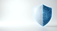 Digital security shield with half transparent and half blue glitter texture, representing data protection and cybersecurity solutions for business and technology applications.