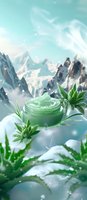 Green aloe vera moisturizing cream jar in snowy mountain landscape with succulent plants and magical sparkles, wellness and skincare concept.