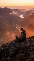 Woman working on laptop while sitting on mountain cliff overlooking valley with winding river at sunset, remote work and digital nomad lifestyle concept.