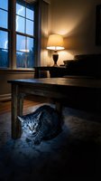 Tabby cat hiding under wooden table in cozy evening interior with warm lamp light, window view, and furniture for home decor and pet lifestyle concepts.