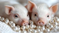 Two adorable pink-nosed piglets peek over a strand of white pearl necklace against light background, creating charming and whimsical farm animal portrait.
