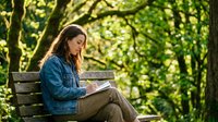 Young woman reading book on park bench surrounded by green trees in natural outdoor setting during sunny day for relaxation and leisure activities.