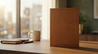 Brown leather notebook standing on wooden desk with coffee mug and pen in warm sunlit office workspace for business planning and productivity.