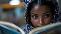 Young African American woman with curly hair reading book in library, focused student studying academic material for education and learning goals.