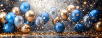 Festive blue and gold balloons with silver confetti on dark background, creating luxurious party atmosphere with bokeh light effects and reflective surface.