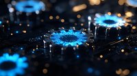 Glowing blue circular patterns on dark electronic circuit board with bokeh light effects create futuristic technology visualization for business and tech concepts.