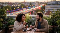 Mixed-race woman and bearded man enjoying romantic dinner on rooftop terrace with city lights bokeh background during golden hour sunset.