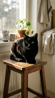 Black cat with green eyes sitting on wooden stool by sunny window with potted plant and coffee cups, cozy home interior setting for lifestyle and pet content.