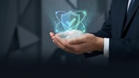 Businessman in suit holding glowing digital shield with checkmark, symbolizing cybersecurity, data protection, and trusted network safety.