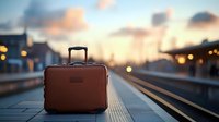 Brown leather suitcase standing alone on empty railway platform at sunset with blurred city lights and warm sky in background, travel concept.