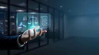 Businessman hand presenting digital legal technology interface with scales of justice and document icons in modern office environment.