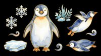 Cute watercolor penguin clipart set with snowflakes, ice, and seaweed, isolated on transparent background. Great for stickers, t-shirt design, and print on demand.