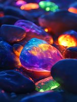 Glowing luminescent stones with vibrant neon colors creating magical illuminated rock formation with electric blue pink orange yellow light effects.