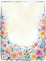 Watercolor floral frame border with colorful flowers, leaves and decorative elements on textured paper background for invitations and stationery.