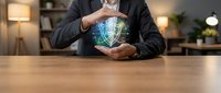 Businessman protecting digital shield with hands showing cybersecurity and data protection concept in modern office environment.