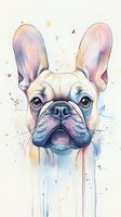Watercolor French Bulldog portrait with dreamy pastel colors and dripping paint effect. Close-up view of expressive face with big blue eyes and distinctive bat ears.