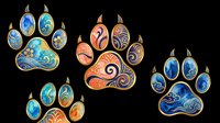 Decorative paw prints with ornamental gold trim and blue, orange enamel patterns isolated on transparent background. Ready for t-shirt designs, clipart, stickers, sublimation and print-on-demand products.