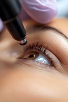 Close-up of permanent makeup procedure on eyebrow area with professional tool and gloved hand showing precise application technique for cosmetic tattooing.