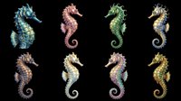 Colorful seahorse clipart set with eight detailed illustrated specimens in various hues, isolated on transparent background, ready for stickers, t-shirt design, and print on demand.