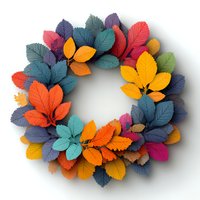 Colorful autumn wreath made of vibrant paper leaves in blue, orange, yellow, red, and purple on white background, perfect for seasonal home decor.
