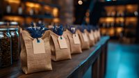 Small burlap gift bags with blank tags and blue decorative elements arranged in row on wooden surface against blurred warm lighting background for wedding favors.