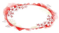 Elegant oval frame with cherry blossom flowers and watercolor splashes in coral pink tones, perfect for wedding invitations and romantic designs.
