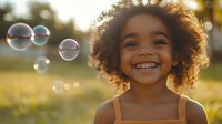 Young African American girl with curly afro hair smiling joyfully while playing with soap bubbles in golden sunlight during sunset in summer park setting.