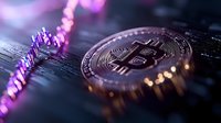 Cryptocurrency coin on circuit board with purple neon lighting effect, macro shot showing detailed texture and reflective surface in modern tech environment.