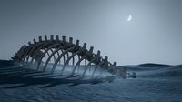 Skeletal remains of large marine creature partially submerged in ocean waters under moonlit sky, suitable for dark fantasy, horror, and environmental storytelling projects.