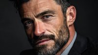 Close-up portrait of mature Caucasian man with beard and intense gaze wearing dark suit against black background, conveying confidence and determination.