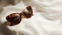Stylish tortoiseshell sunglasses with brown lenses resting on soft white fabric with dramatic shadows. Fashion accessory for summer style and sun protection.
