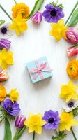 Spring flowers frame with gift box on white wooden background. Colorful tulips, daffodils, ranunculus and anemones create festive border for celebrations.