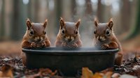 Three curious red squirrels sitting side by side at a small dark bowl in autumn forest, creating whimsical wildlife scene with blurred woodland background.