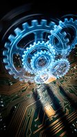 Glowing blue gears rotating above circuit board with golden pathways, representing digital technology, artificial intelligence, and mechanical engineering innovation.