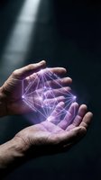 Male hands holding glowing purple digital network mesh with interconnected nodes, representing data connection, artificial intelligence, and technology innovation against dark background.