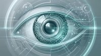 Futuristic digital eye with circuit patterns and holographic interface elements for technology and artificial intelligence concepts.