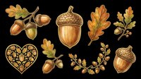 Autumn acorn and oak leaf clipart set, isolated on transparent background. Great for fall T-shirts, stickers, print on demand, sublimation, and seasonal design projects.