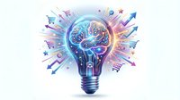 Creative lightbulb with glowing brain inside surrounded by colorful business icons and arrows on white background for innovation and marketing concepts.
