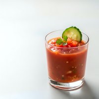 Fresh gazpacho cold soup in glass garnished with cucumber slice and herbs on clean white background for culinary and restaurant menu design.