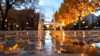 Transparent chair on wet autumn pavement with fallen leaves, illuminated by evening lights against backdrop of golden trees in urban park.