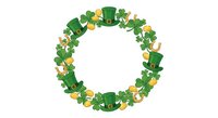 St Patrick's Day festive wreath with green leprechaun hats, shamrock leaves and gold coins on white background isolated for holiday decorations.